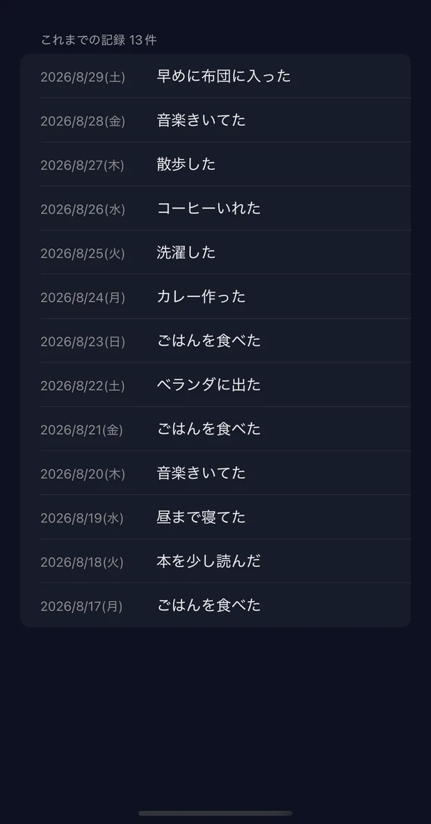日付ごとの記録が並ぶ履歴一覧